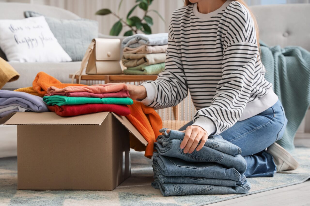 Mujer con jersey de rayas ordenando ropa en cajas