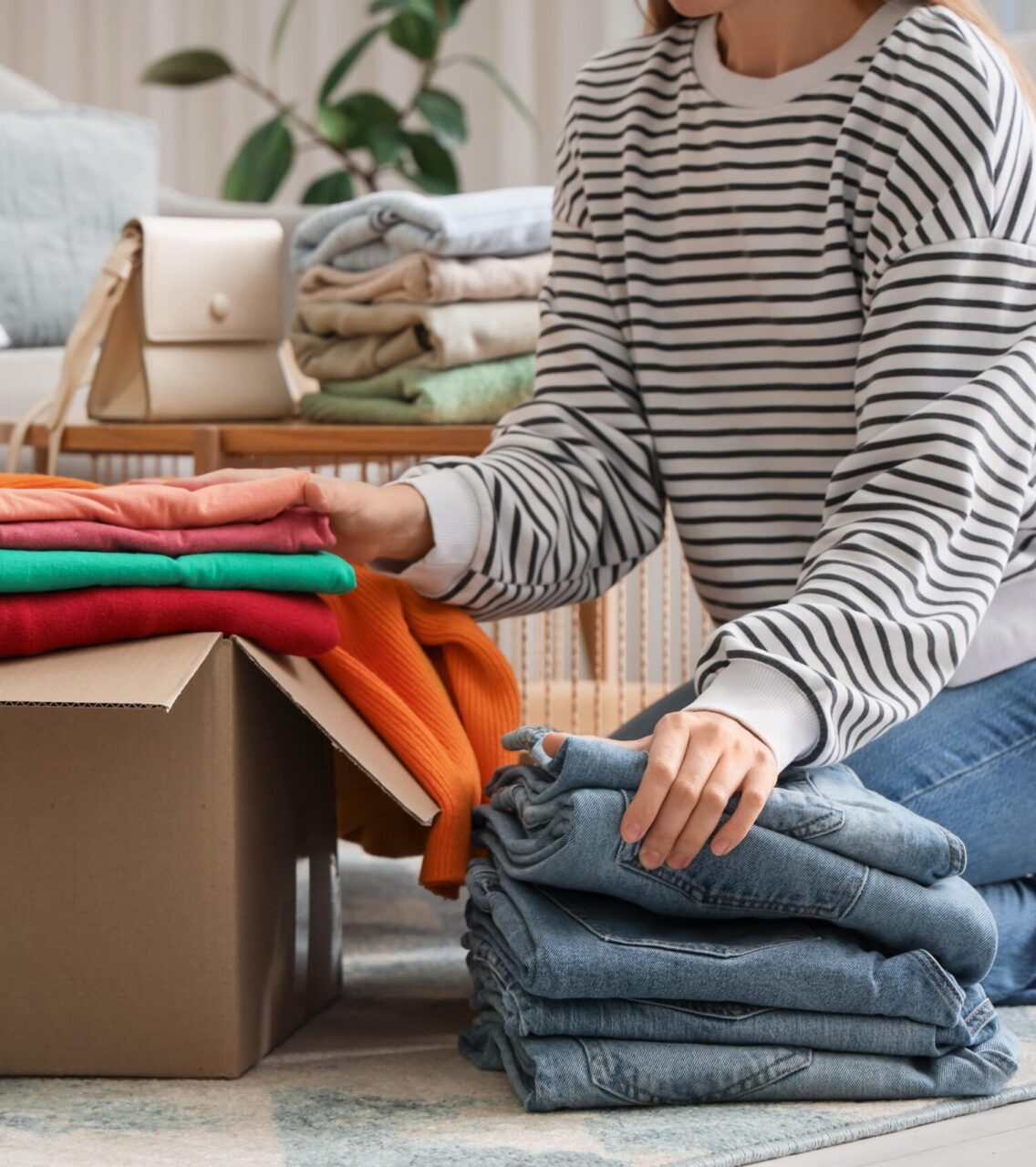 Mujer con jersey de rayas ordenando ropa en cajas